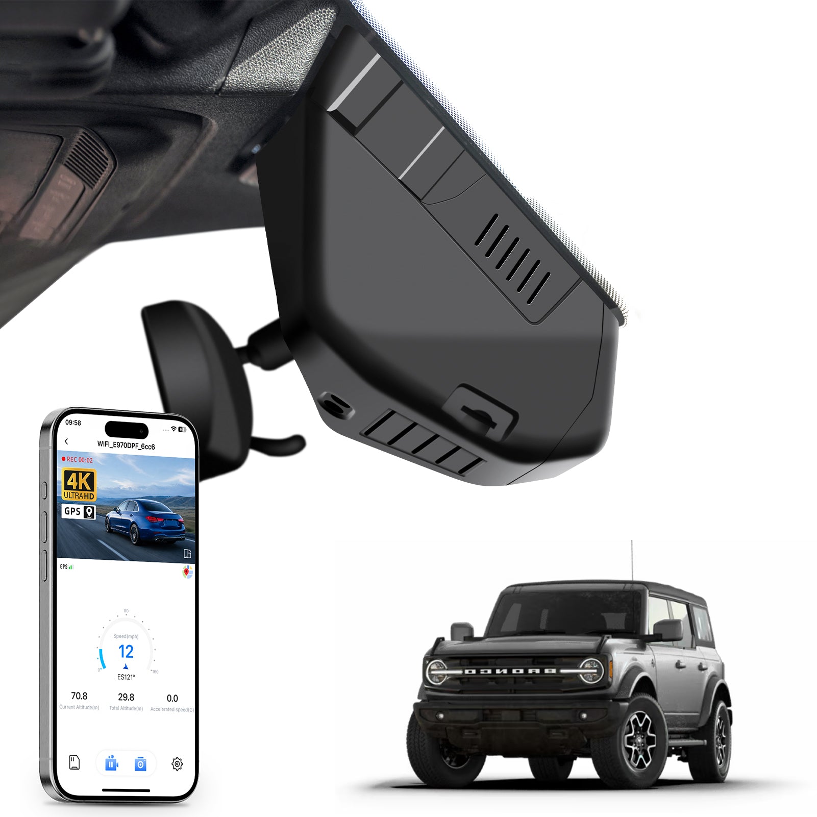 Car dashboard camera, smartphone app control, 4K Ultra HD recording, GPS tracking, and Ford Bronco SUV models in the background