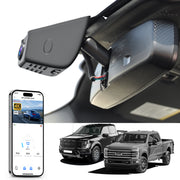 Car dashboard camera attached to a car's interior mirror with smartphone app interface, displaying 4K UHD recording, GPS tracking, and two trucks in the background.