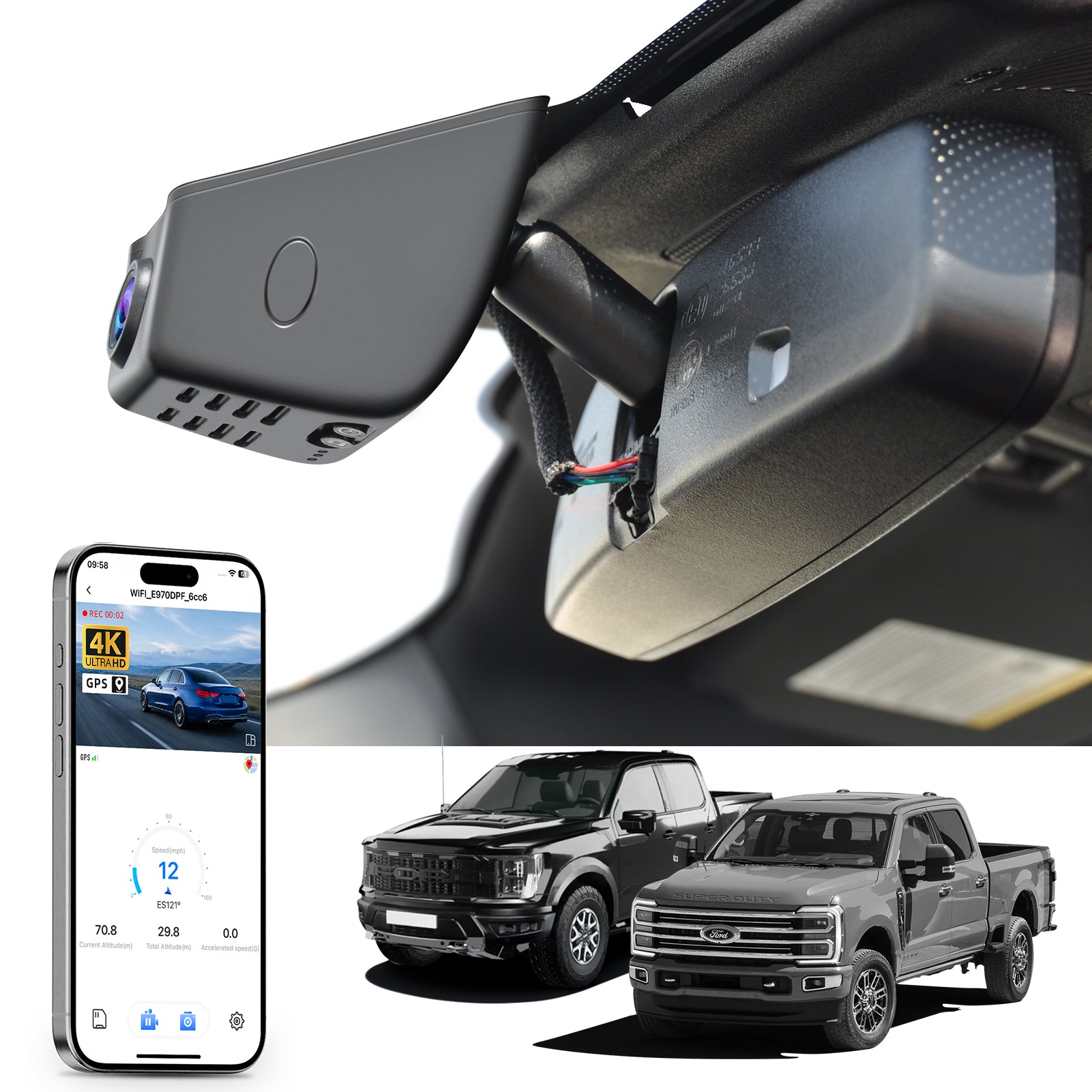 Car dashboard camera attached to a car's interior mirror with smartphone app interface, displaying 4K UHD recording, GPS tracking, and two trucks in the background.