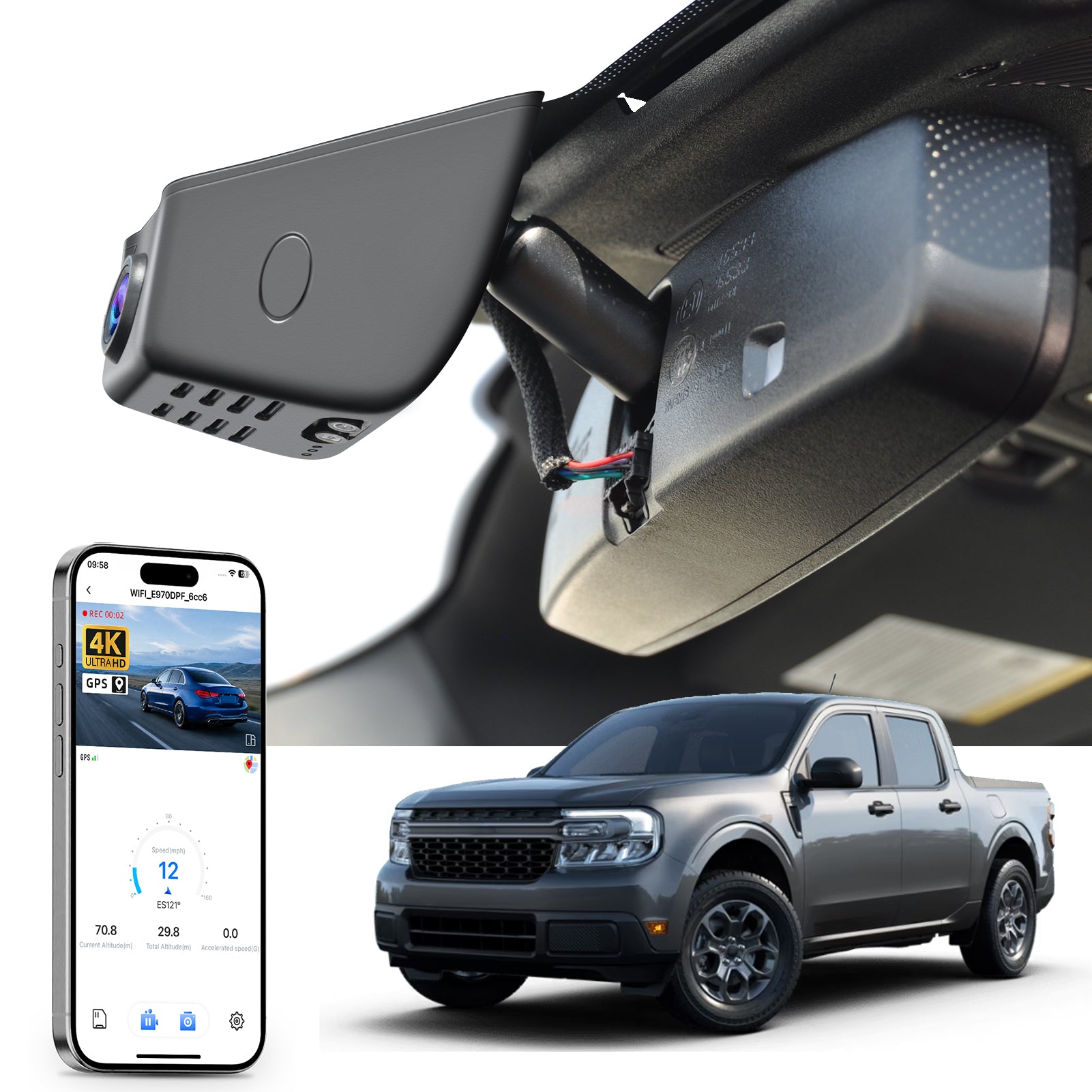 Car rearview mirror built-in dash cam with smartphone app control, 4K Ultra HD recording, GPS tracking, and Ford Maverick pickup truck models in the background.