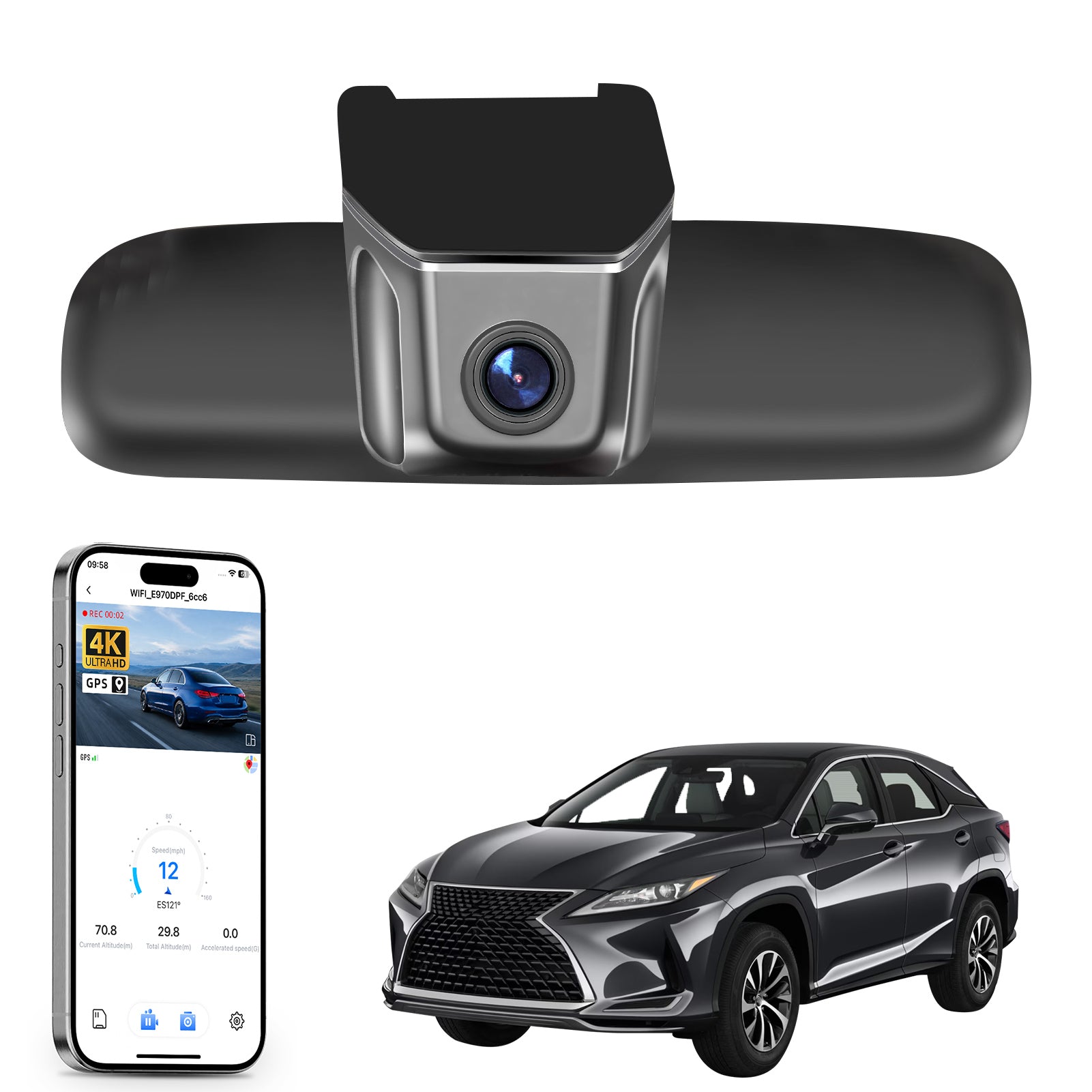 Car rearview mirror with built-in camera, smartphone app control,  4K Ultra HD recording, GPS tracking, and Lexus RX SUV models in the background