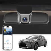 Car rearview mirror built-in dash cam with smartphone app control, 4K Ultra HD recording, GPS tracking, and Lexus UX SUV models in the background.