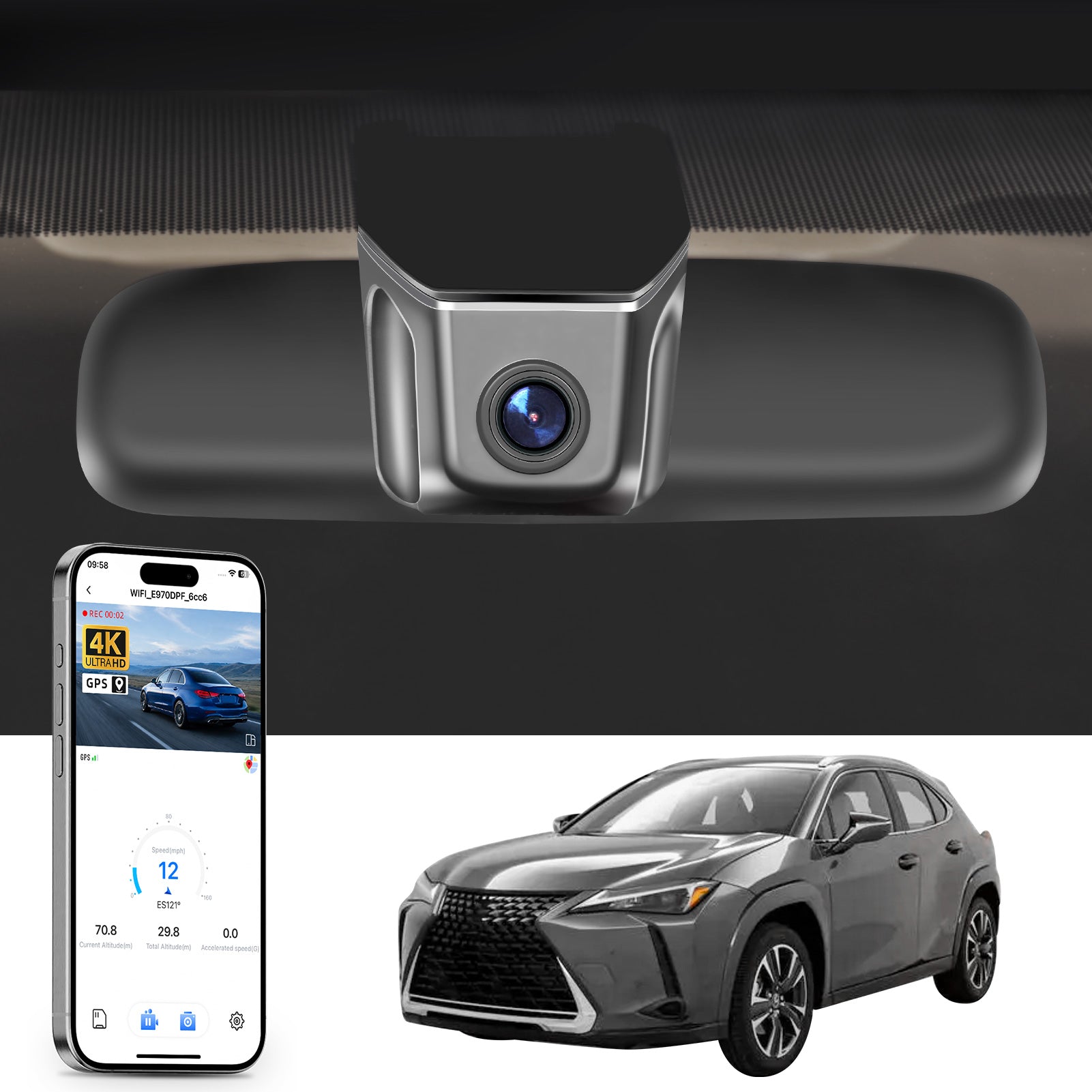 Car rearview mirror built-in dash cam with smartphone app control, 4K Ultra HD recording, GPS tracking, and Lexus UX SUV models in the background.