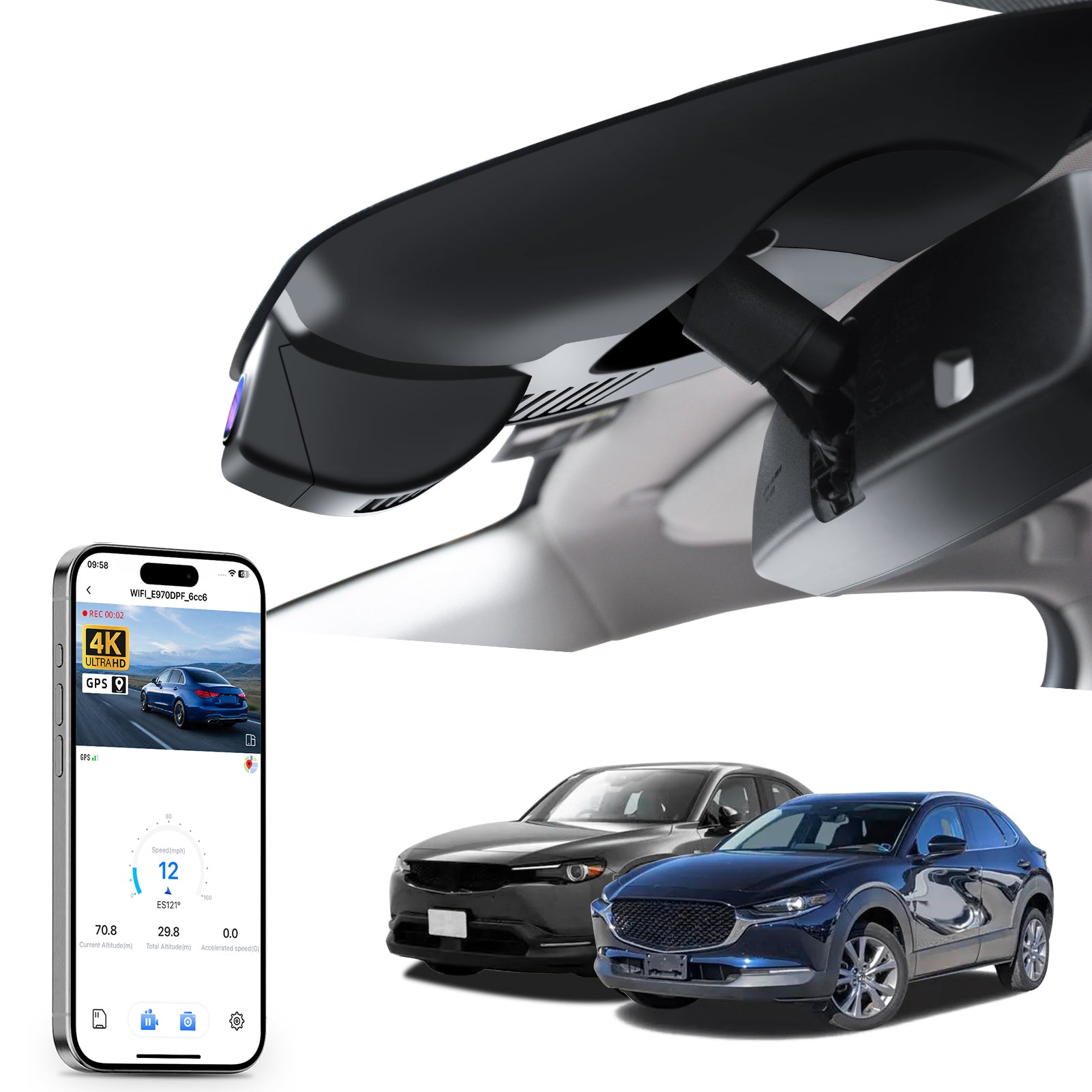 Car rearview mirror built-in dash cam with smartphone app control, 4K Ultra HD recording, GPS tracking, and Mazda CX-30 Crossover models in the background.