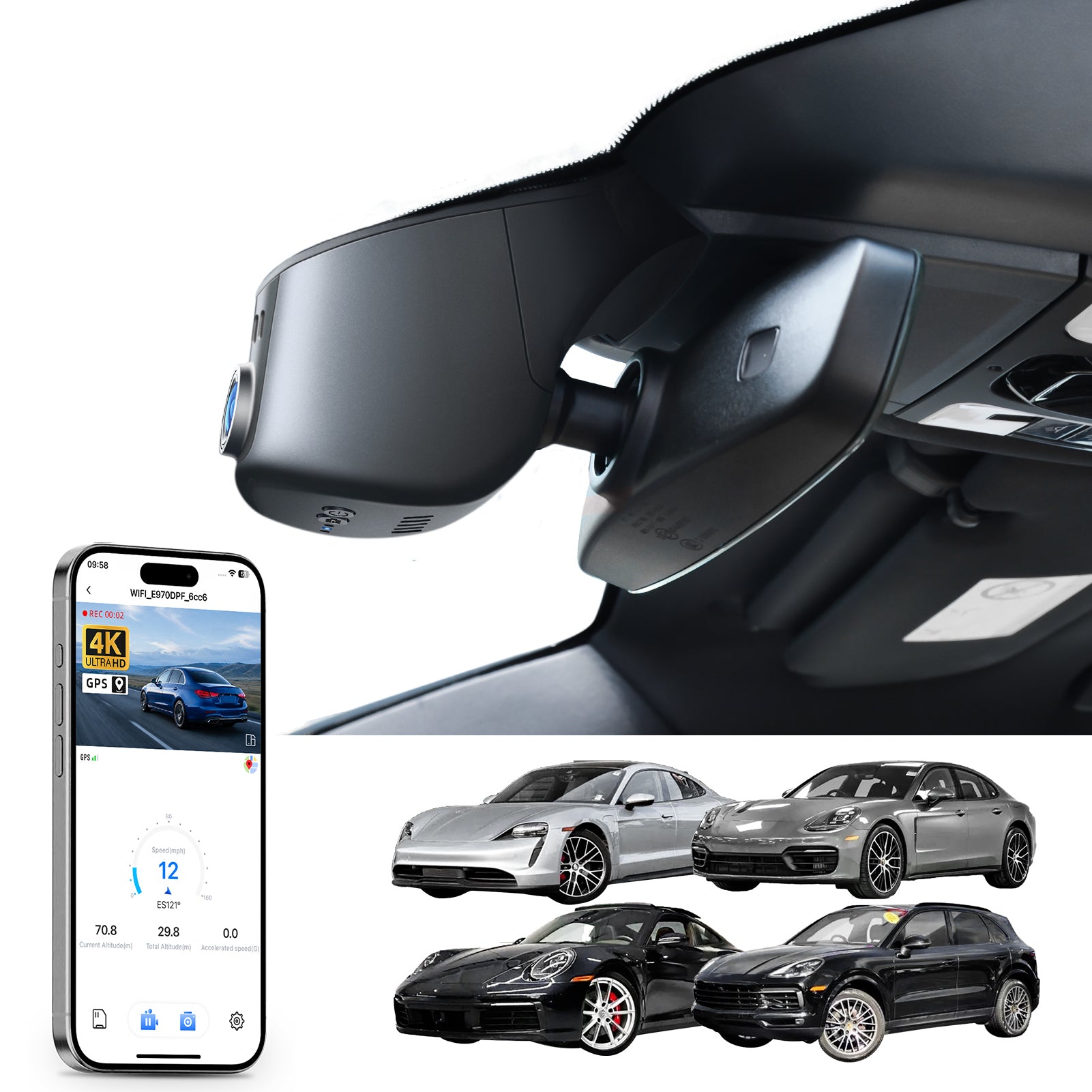Car rearview mirror built-in dash cam with smartphone app control, 4K Ultra HD recording, GPS tracking, and Porsche vehicles models in the background.