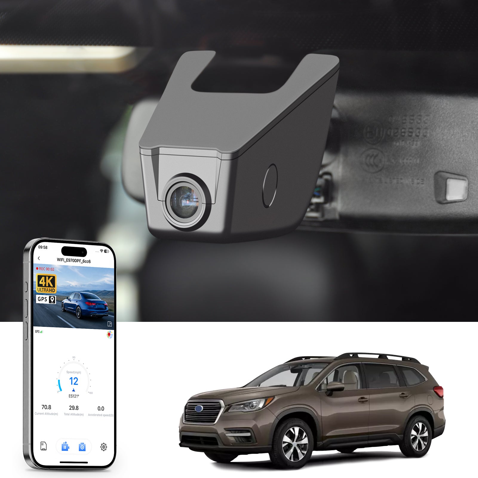 Car rearview mirror built-in dash cam with smartphone app control, 4K Ultra HD recording, GPS tracking, and Subaru Ascent SUV models in the background.