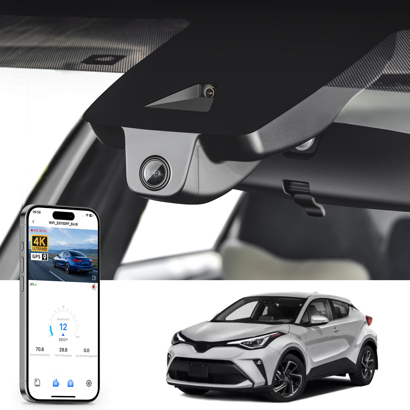 OEM look rearview mirror built-in dash cam with smartphone app control, 4K Ultra HD recording, GPS tracking, and Toyota C-HR SUV models in the background.