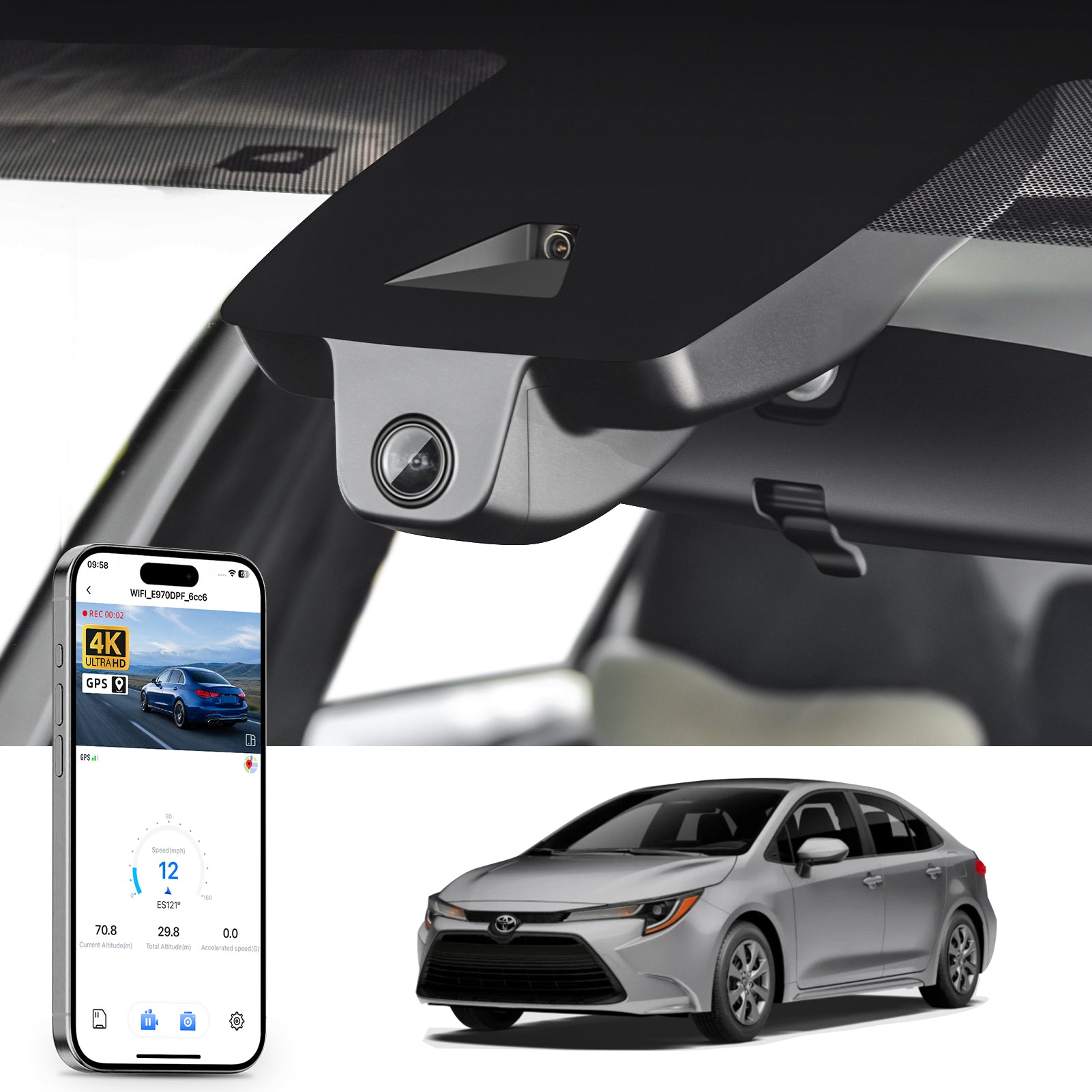 Car rearview mirror built-in dash cam with smartphone app control, 4K Ultra HD recording, GPS tracking, and Toyota Corolla Sedan models in the background.