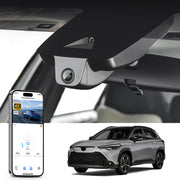 Car rearview mirror built-in dash cam with smartphone app control, 4K Ultra HD recording, GPS tracking, and Toyota Corolla Cross SUV models in the background.