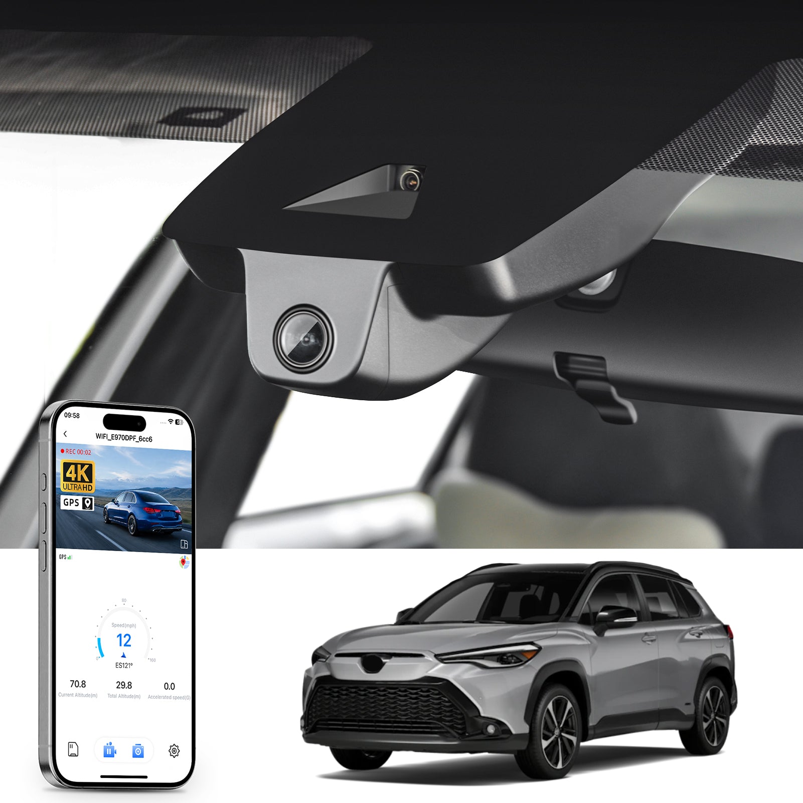 Car rearview mirror built-in dash cam with smartphone app control, 4K Ultra HD recording, GPS tracking, and Toyota Corolla Cross SUV models in the background.