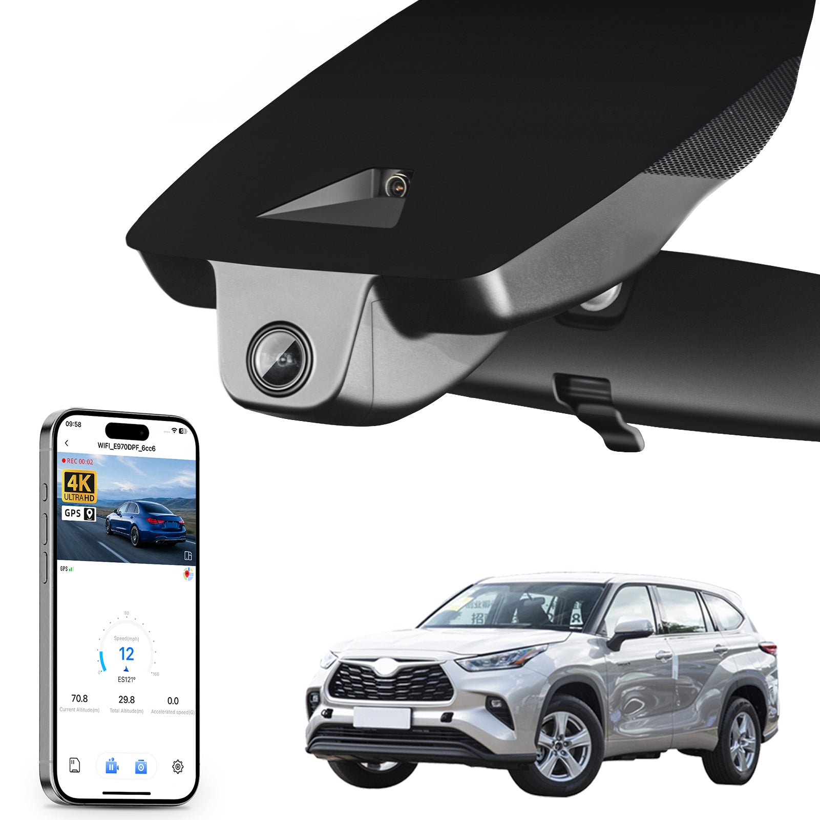 Car rearview mirror built-in dash cam with smartphone app control, 4K Ultra HD recording, GPS tracking, and Toyota Highlander SUV models in the background.