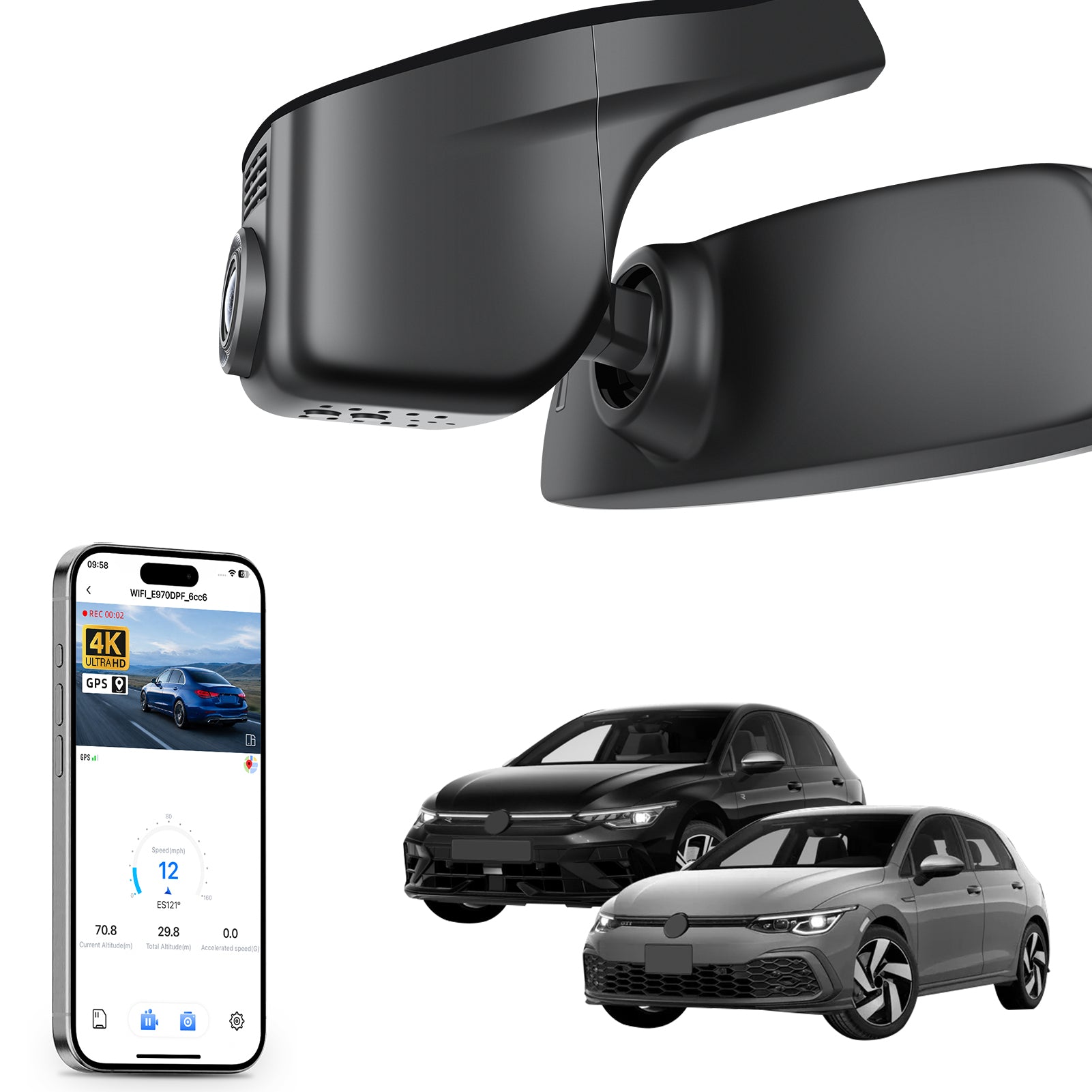 Car rearview mirror built-in dash cam with smartphone app control, 4K Ultra HD recording, GPS tracking, and Volkswagen Golf Hatchback models in the background.