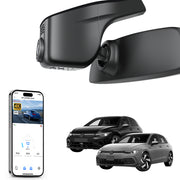 Car rearview mirror built-in dash cam with smartphone app control, 4K Ultra HD recording, GPS tracking, and Volkswagen Golf Hatchback models in the background.