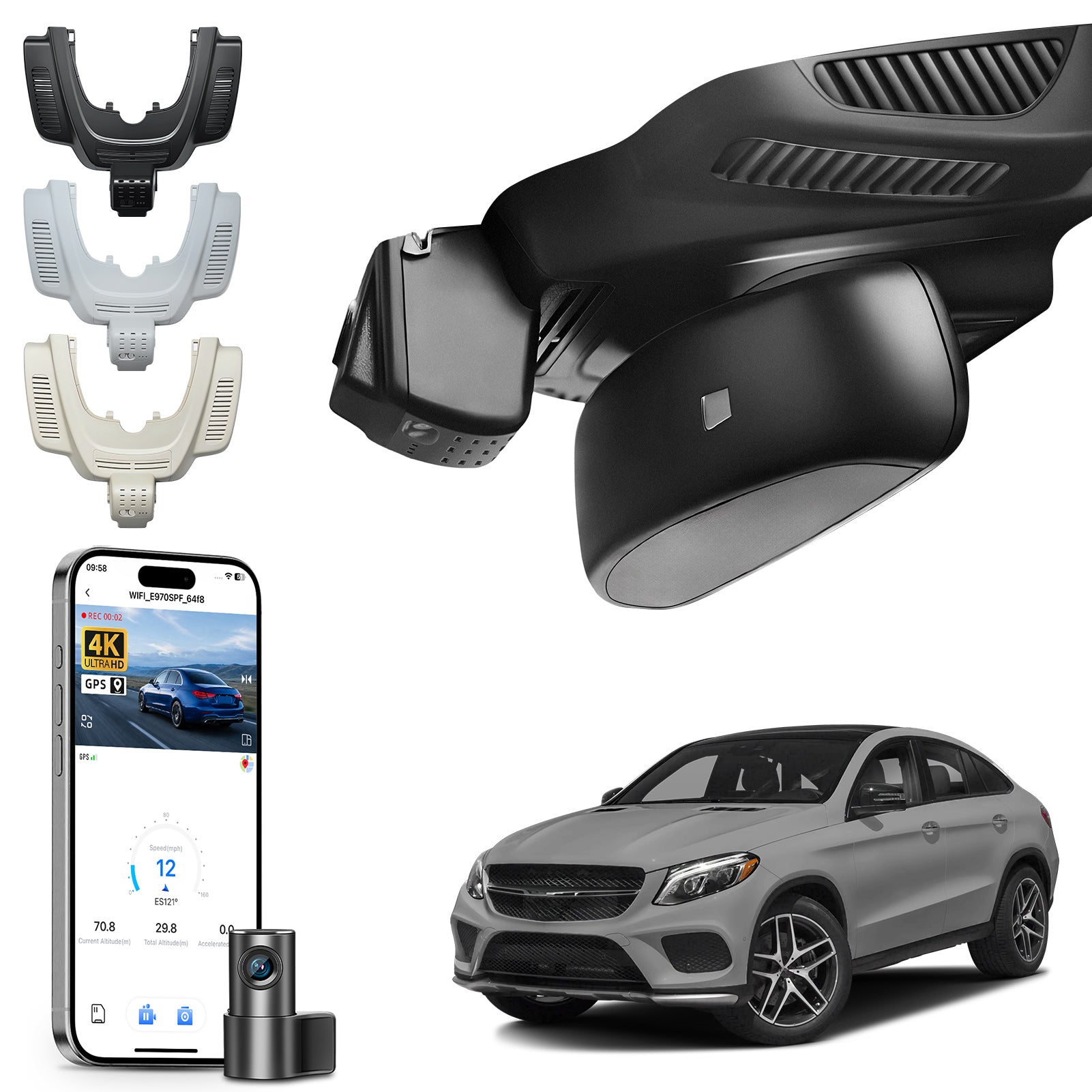 2 channel dash cam with dual STARVIS 2, features smartphone app control, 4K Ultra HD recording, GPS tracking, and Benz GLE & GLS models in the background. 