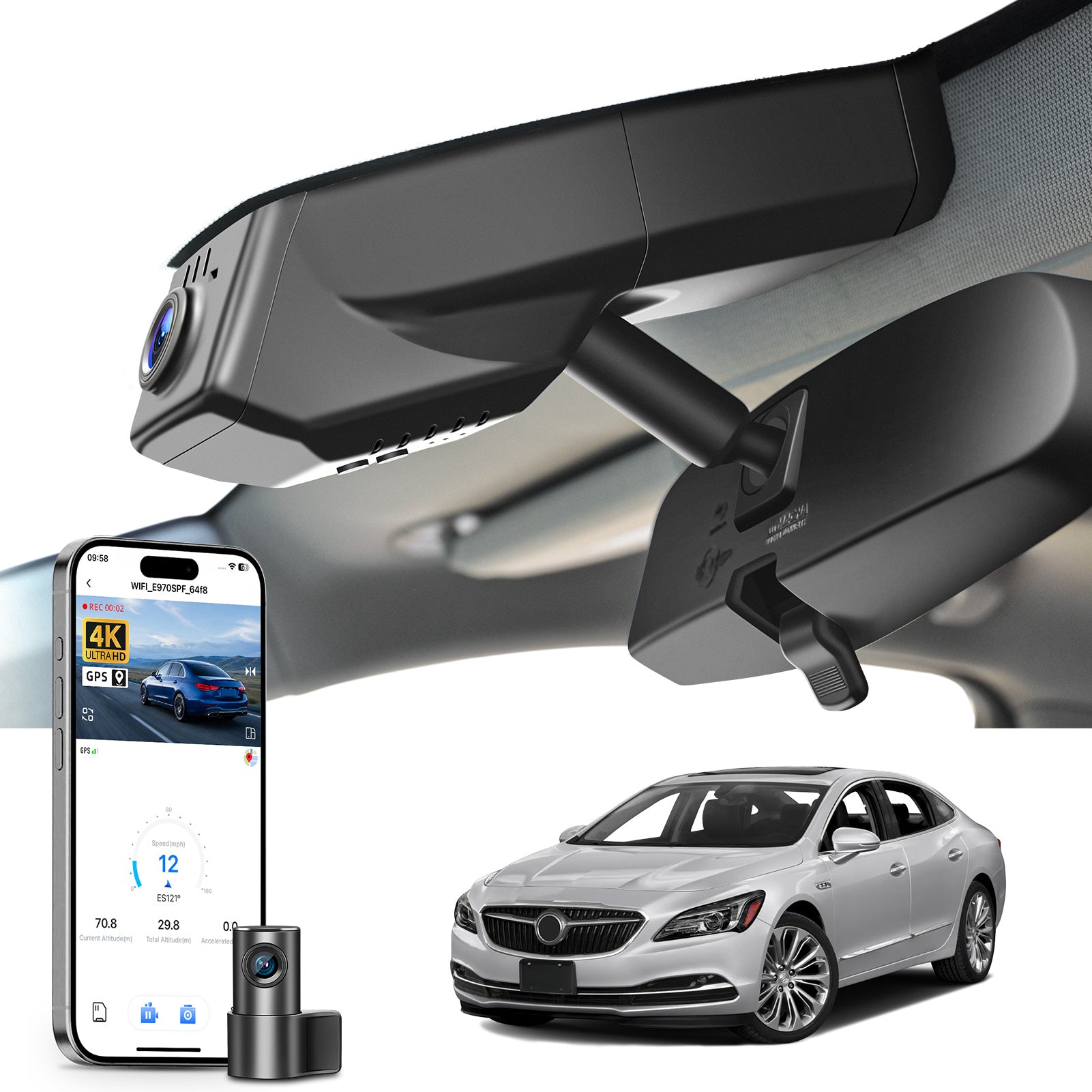 Car rearview mirror built-in dash cam with smartphone app control, 4K Ultra HD recording, GPS tracking, and Buick Lacrosse car models in the background.