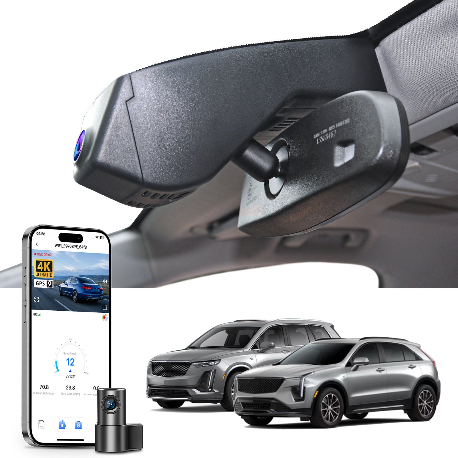 Car rearview mirror built-in dash cam with smartphone app control, 4K Ultra HD recording, GPS tracking, and Cadillac XT5 XT6 SUV models in the background.