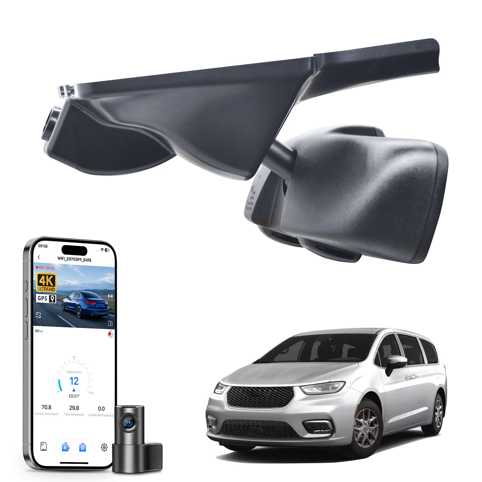 Car rearview mirror built-in dash cam with smartphone app control, 4K Ultra HD recording, GPS tracking, and Chrysler Pacifica MPV models in the background.
