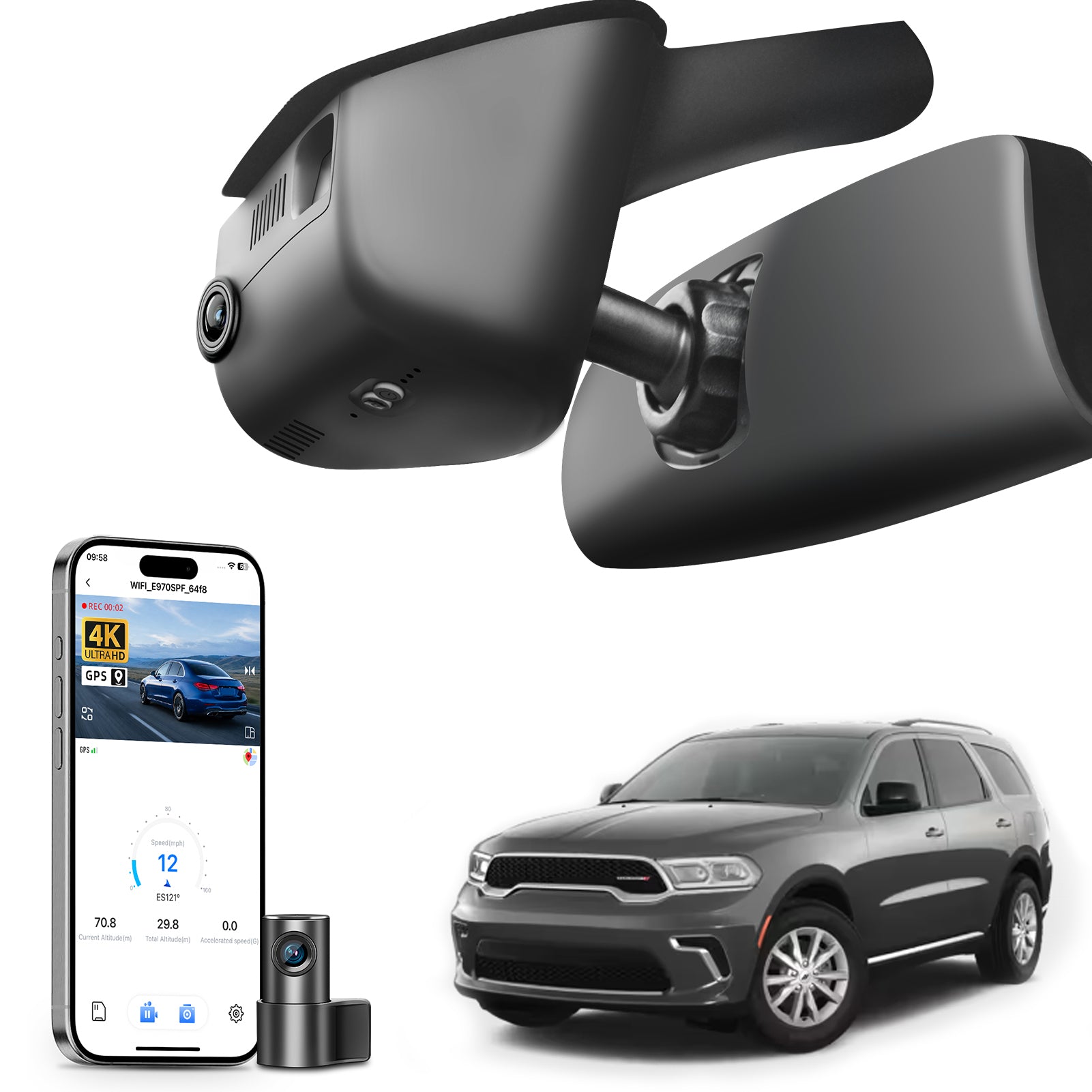 Car dashboard camera, smartphone app  control, 4K Ultra HD recording, GPS tracking, and Dodge Durango SUV models in the background