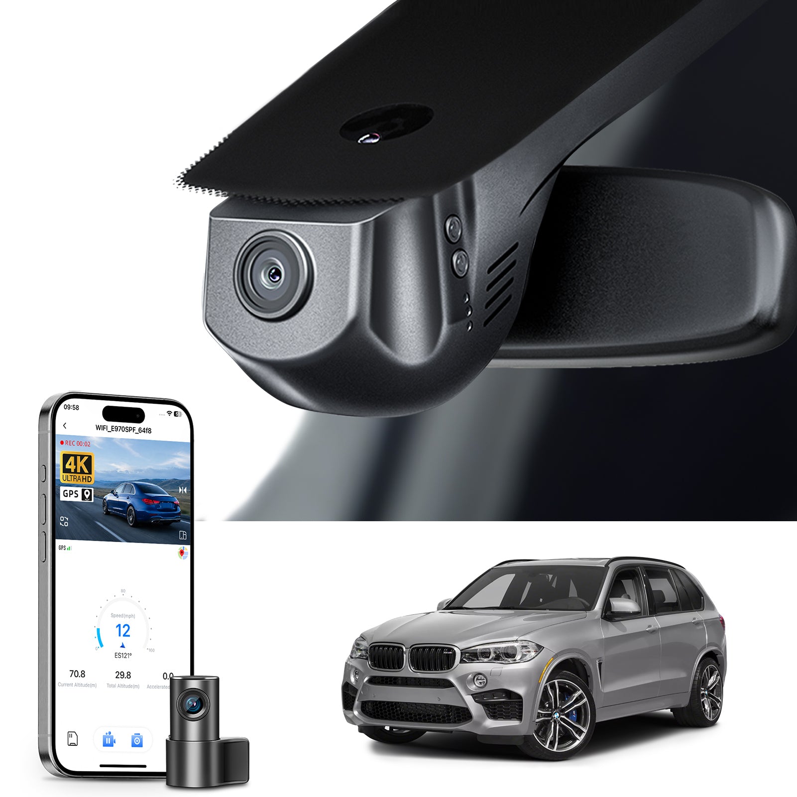 2 channel dash cam with dual STARVIS 2, features smartphone app control, 4K Ultra HD recording, GPS tracking, and BMW X5 Gen3 SUV models in the background.  