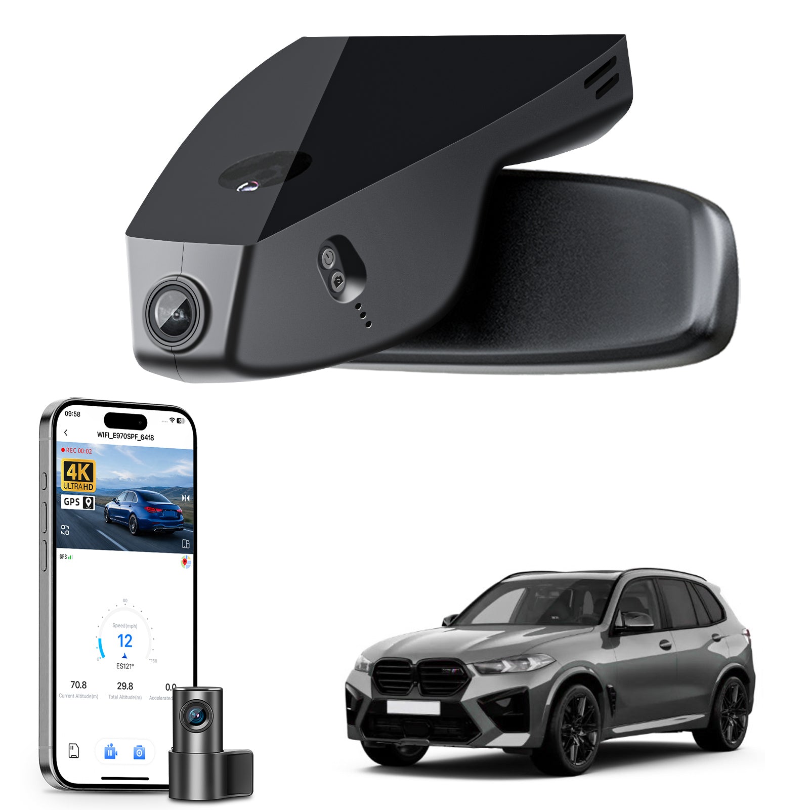 2 channel dash cam with dual STARVIS 2, features smartphone app control, 4K Ultra HD recording, GPS tracking, and BMW X5 Gen4 SUV models in the background.  