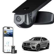 2 channel dash cam with dual STARVIS 2, features smartphone app control, 4K Ultra HD recording, GPS tracking, and BMW X6 Gen2 SUV models in the background.  
