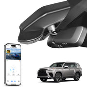 Car rearview mirror dash cam with smartphone monitoring app, 4K Ultra HD recording, GPS tracking, and Lexus LX SUV models in the background
