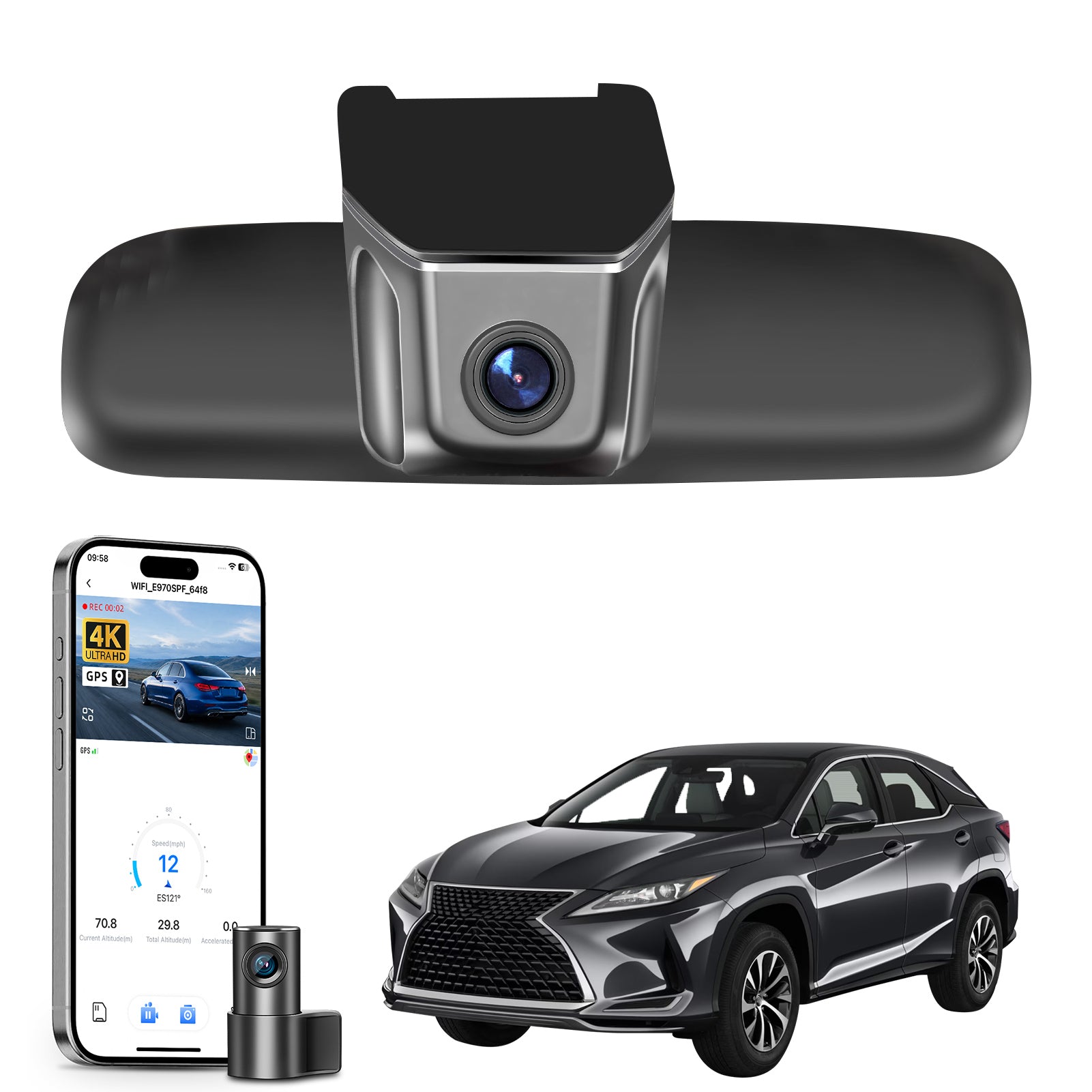 Car dual dashboard camera system, smartphone app control, 4K Ultra HD recording, GPS tracking, and Lexus RX SUV models in the background. 