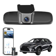Car dual dashboard camera system, smartphone app control, 4K Ultra HD recording, GPS tracking, and Lexus RX SUV models in the background. 