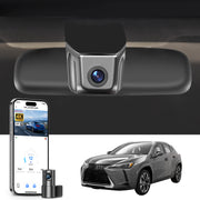 Car dashboard with a dual camera system, smartphone app control, 4K Ultra HD recording, GPS tracking, and Lexus UX SUV models in the background. 