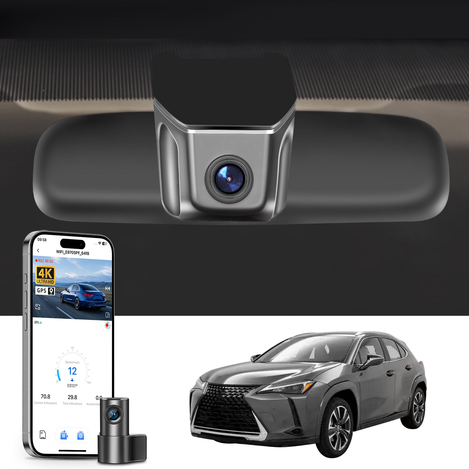 Car dashboard with a dual camera system, smartphone app control, 4K Ultra HD recording, GPS tracking, and Lexus UX SUV models in the background. 