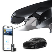 Car dual channel dash camera system, smartphone app control, 4K Ultra HD recording, GPS tracking, and Mazda 3 Sedans models in the background. 
