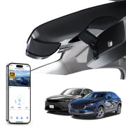 2 channel dash cam with dual STARVIS 2, features smartphone app control, 4K Ultra HD recording, GPS tracking, and Mazda  CX-30 Crossover models in the background. 