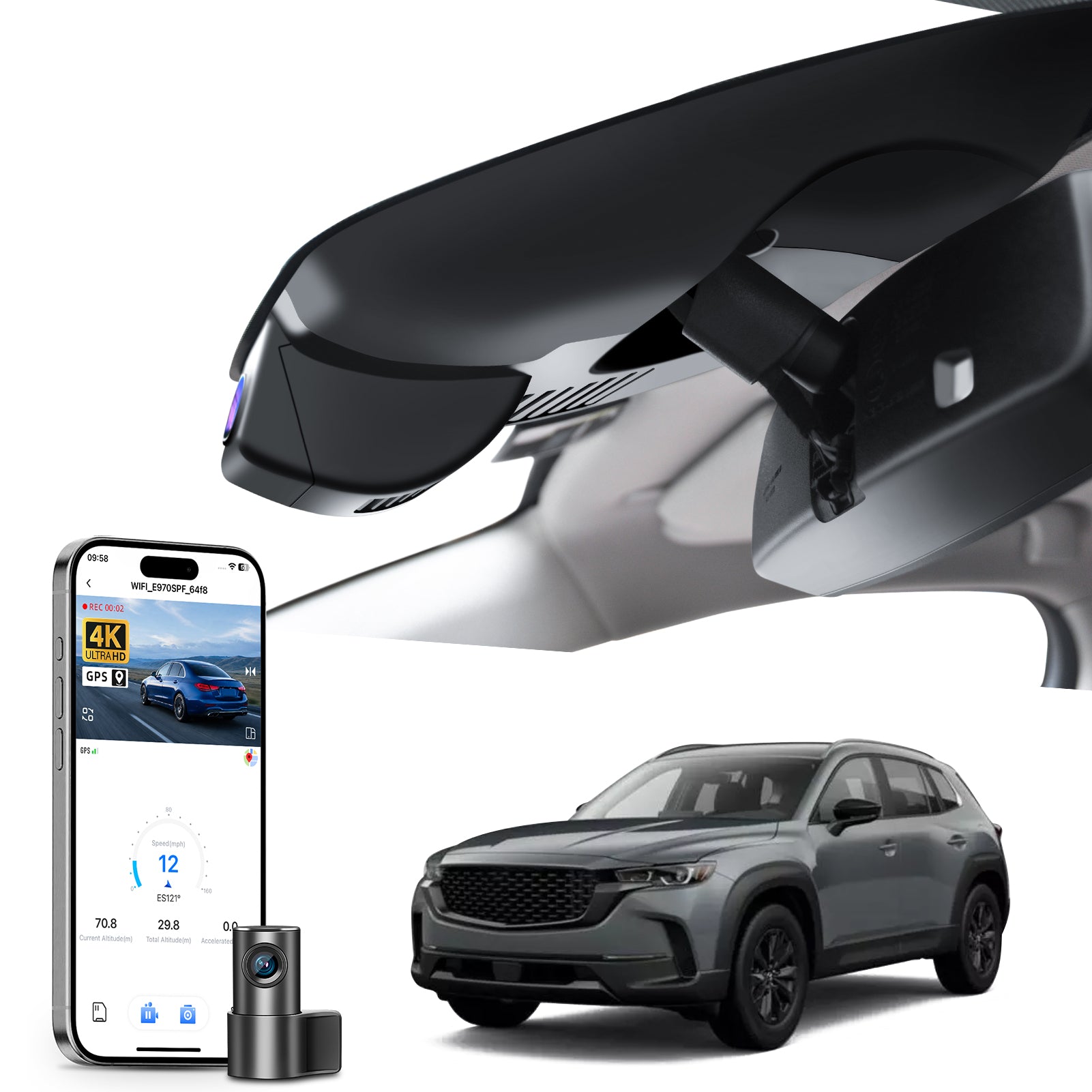 2 channel dash cam with dual STARVIS 2, features smartphone app control, 4K Ultra HD recording, GPS tracking, and Mazda CX-50 Off-road SUV models in the background. 