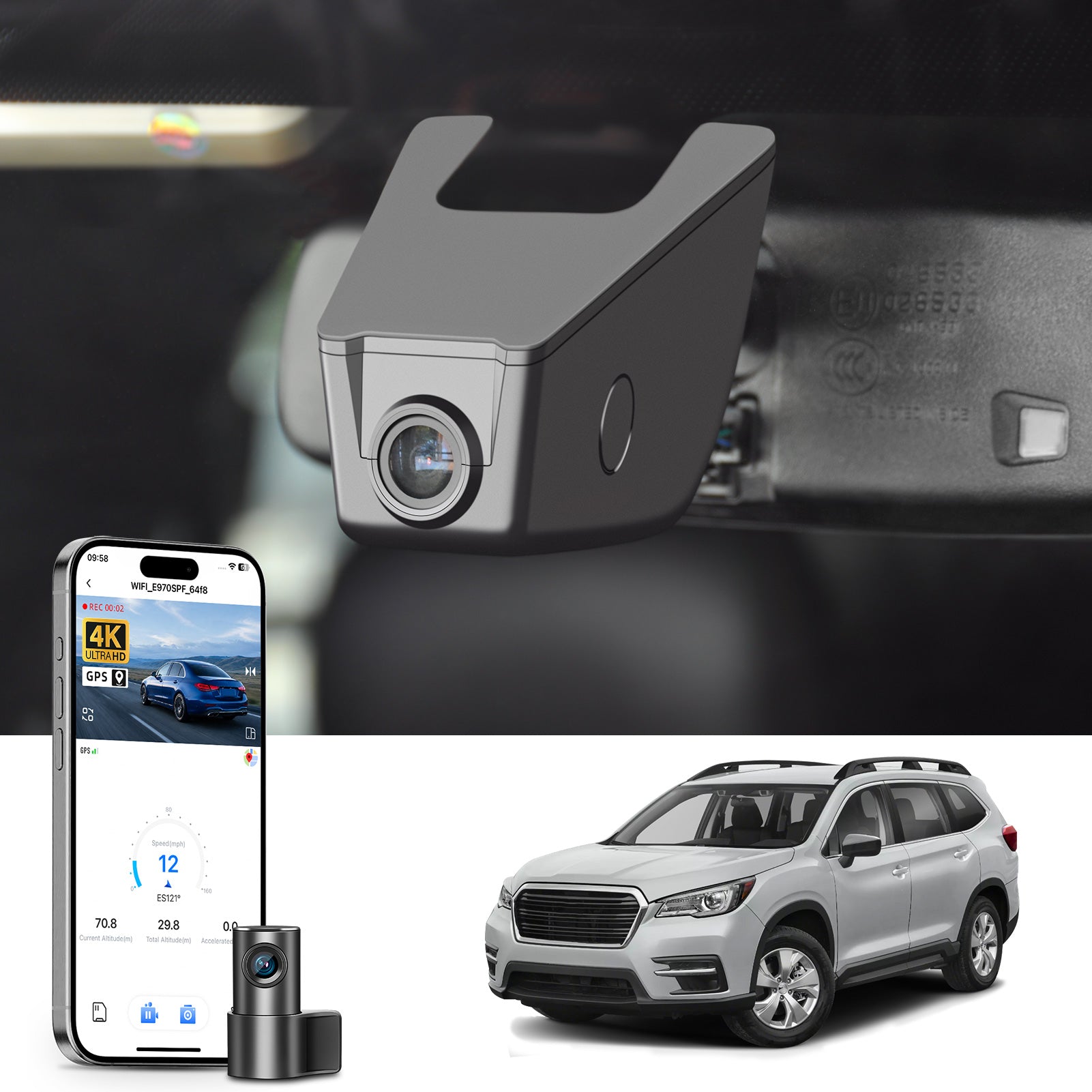 2 channel dash cam with dual STARVIS 2, features smartphone app control, 4K Ultra HD recording, GPS tracking, and Subaru Ascent SUV models in the background.  