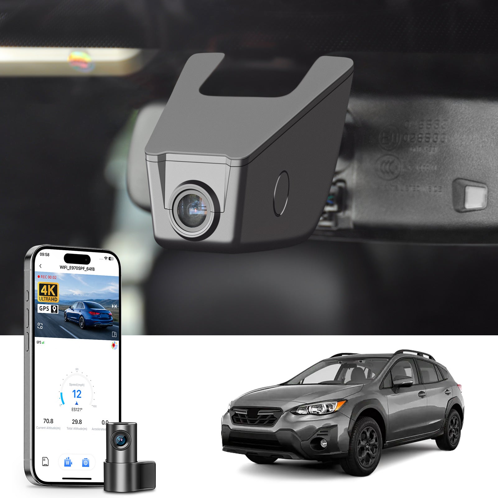 2 channel dash cam with dual STARVIS 2, features smartphone app control, 4K Ultra HD recording, GPS tracking, and Subaru Crosstrek SUV models in the background.  
