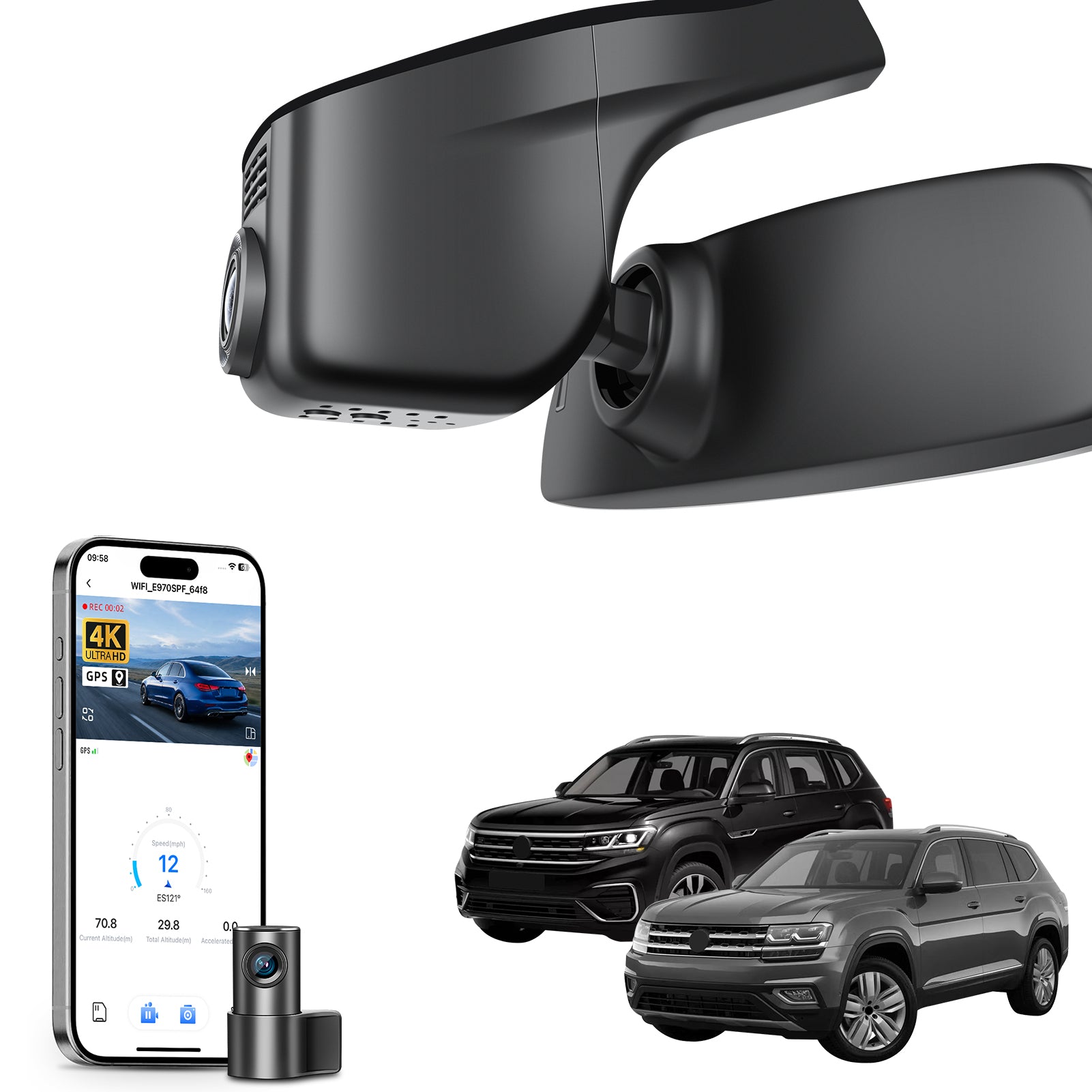 2 channel dash cam with dual STARVIS 2, features smartphone app control, 4K Ultra HD recording, GPS tracking, and Volkswagen Amarok Pickup models in the background.  