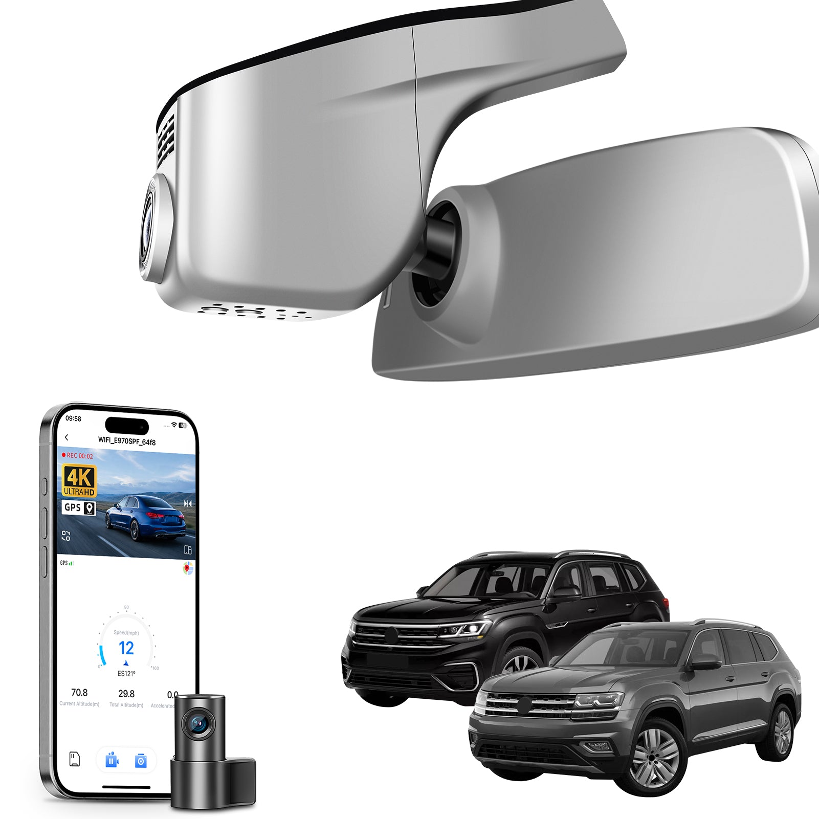2 channel dash cam with dual STARVIS 2, features smartphone app control, 4K Ultra HD recording, GPS tracking, and Volkswagen Amarok Pickup models in the background.  