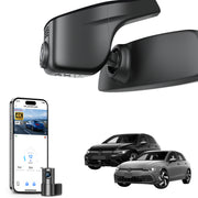 2 channel dash cam with dual STARVIS 2, features smartphone app control, 4K Ultra HD recording, GPS tracking, and Volkswagen Golf Hatchback models in the background.  