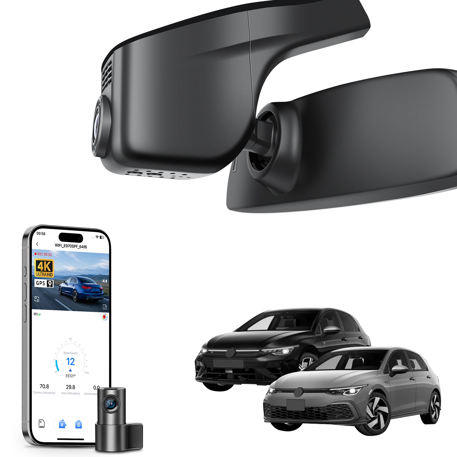 2 channel dash cam with dual STARVIS 2, features smartphone app control, 4K Ultra HD recording, GPS tracking, and Volkswagen Golf Hatchback models in the background.  