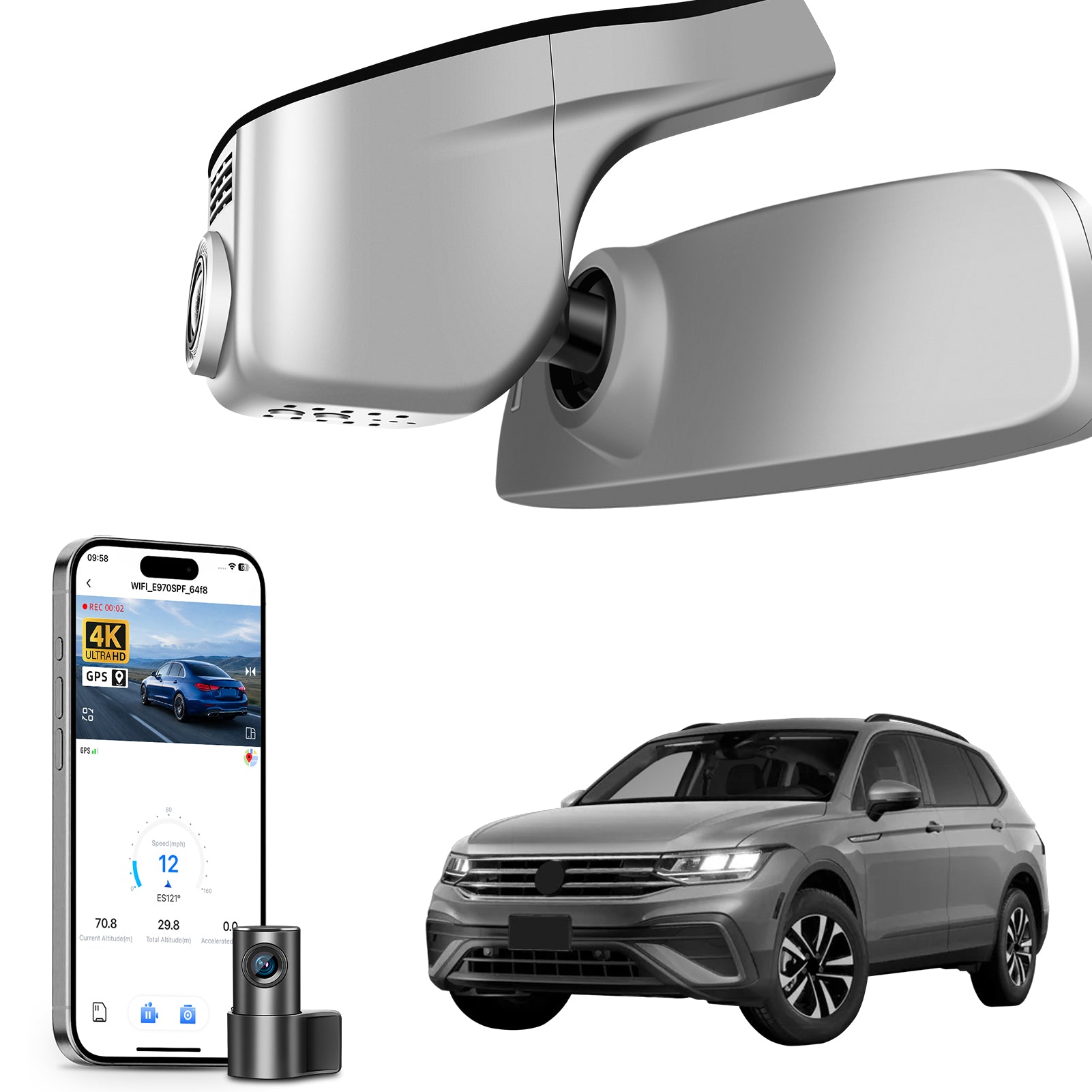 2 channel dash cam with dual STARVIS 2, features smartphone app control, 4K Ultra HD recording, GPS tracking, and Volkswagen Tiguan SUV models in the background.  