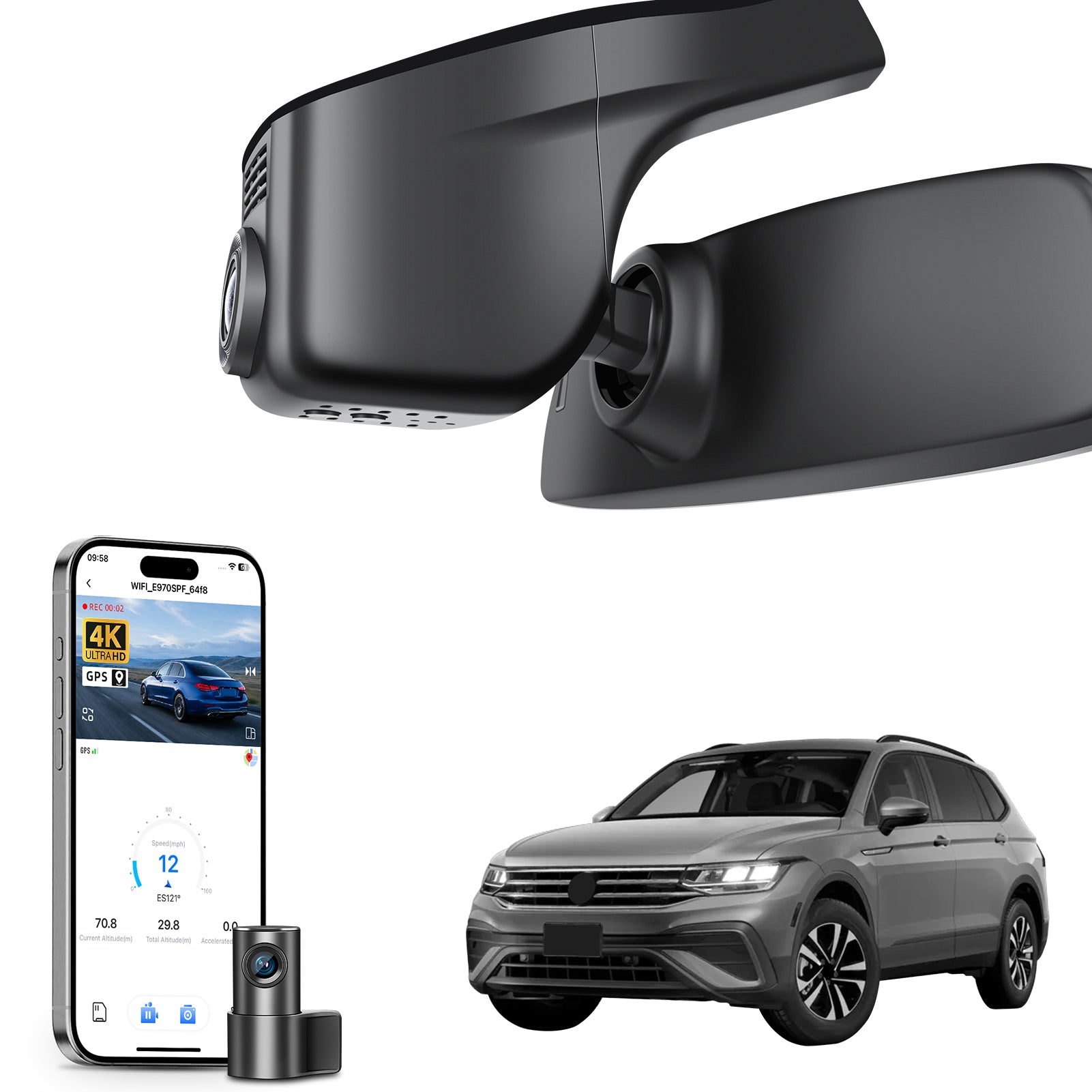 2 channel dash cam with dual STARVIS 2, features smartphone app control, 4K Ultra HD recording, GPS tracking, and Volkswagen Tiguan SUV models in the background.  