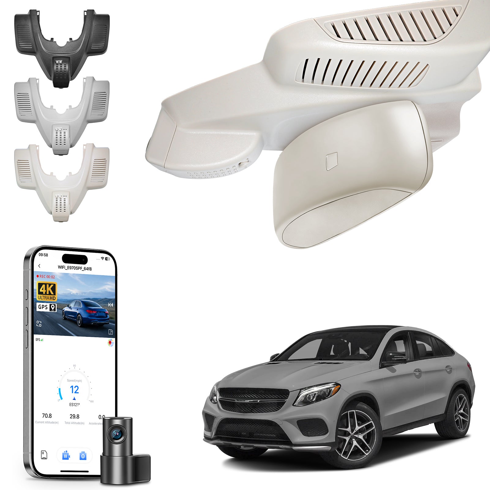2 channel dash cam with dual STARVIS 2, features smartphone app control, 4K Ultra HD recording, GPS tracking, and Benz GLE & GLS models in the background. 