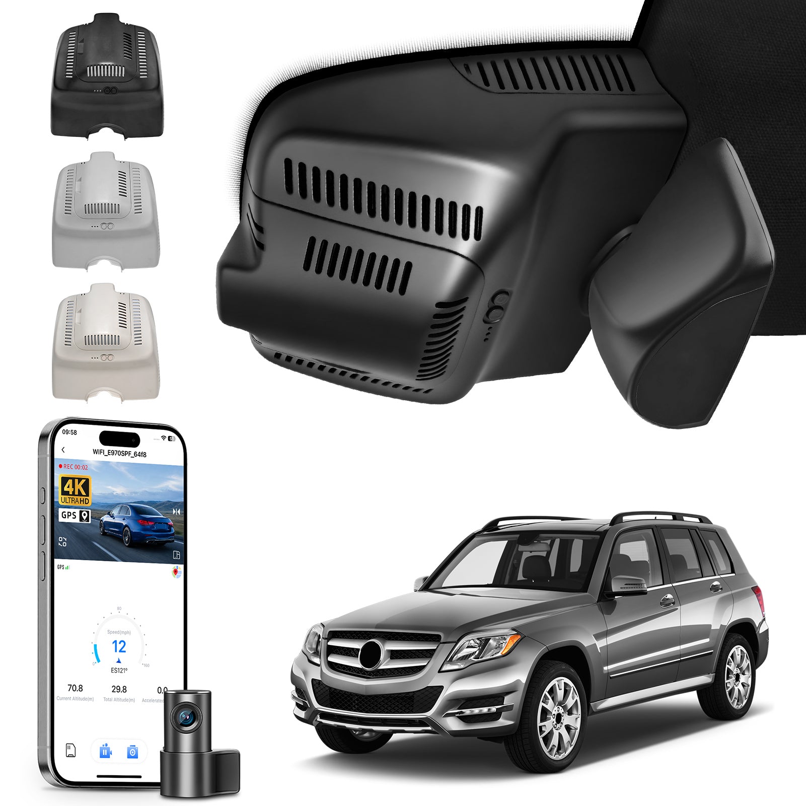 2 channel dash cam with dual STARVIS 2, features smartphone app control, 4K Ultra HD recording, GPS tracking, and Benz GLK models in the background. 