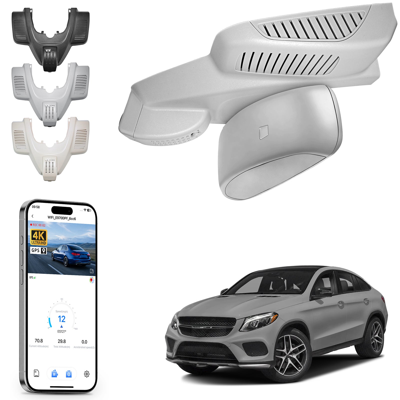 Car rearview mirror built-in dash cam with smartphone app control, 4K Ultra HD recording, GPS tracking, and Benz GLE & GLS models in the background.
