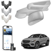 2 channel dash cam with dual STARVIS 2, features smartphone app control, 4K Ultra HD recording, GPS tracking, and Benz GLE & GLS models in the background. 