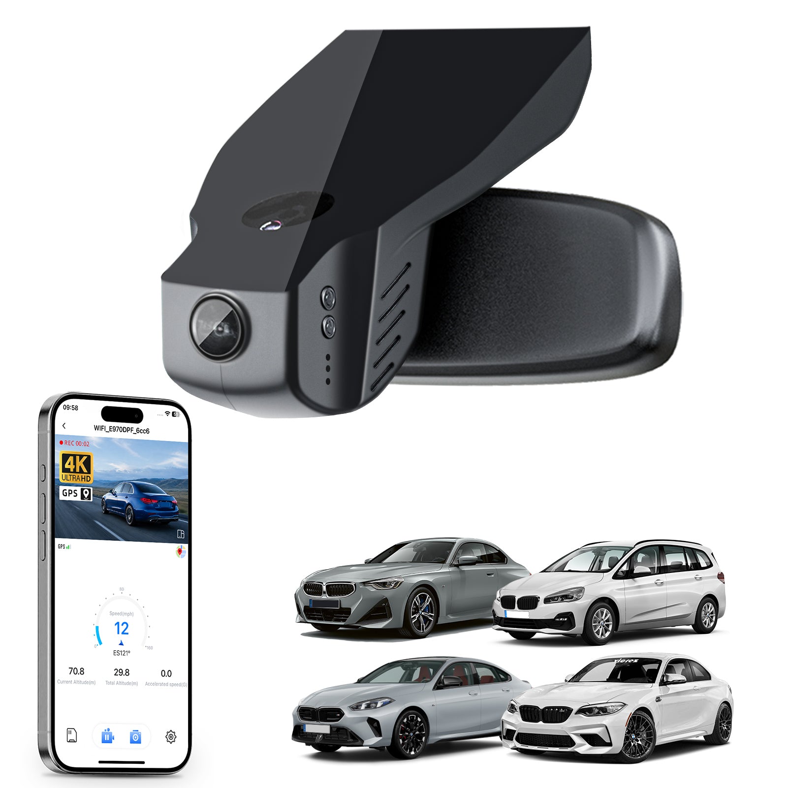 Car rearview mirror built-in dash cam with smartphone app control, 4K Ultra HD recording, GPS tracking, and BMW 2 Series M2 models in the background.