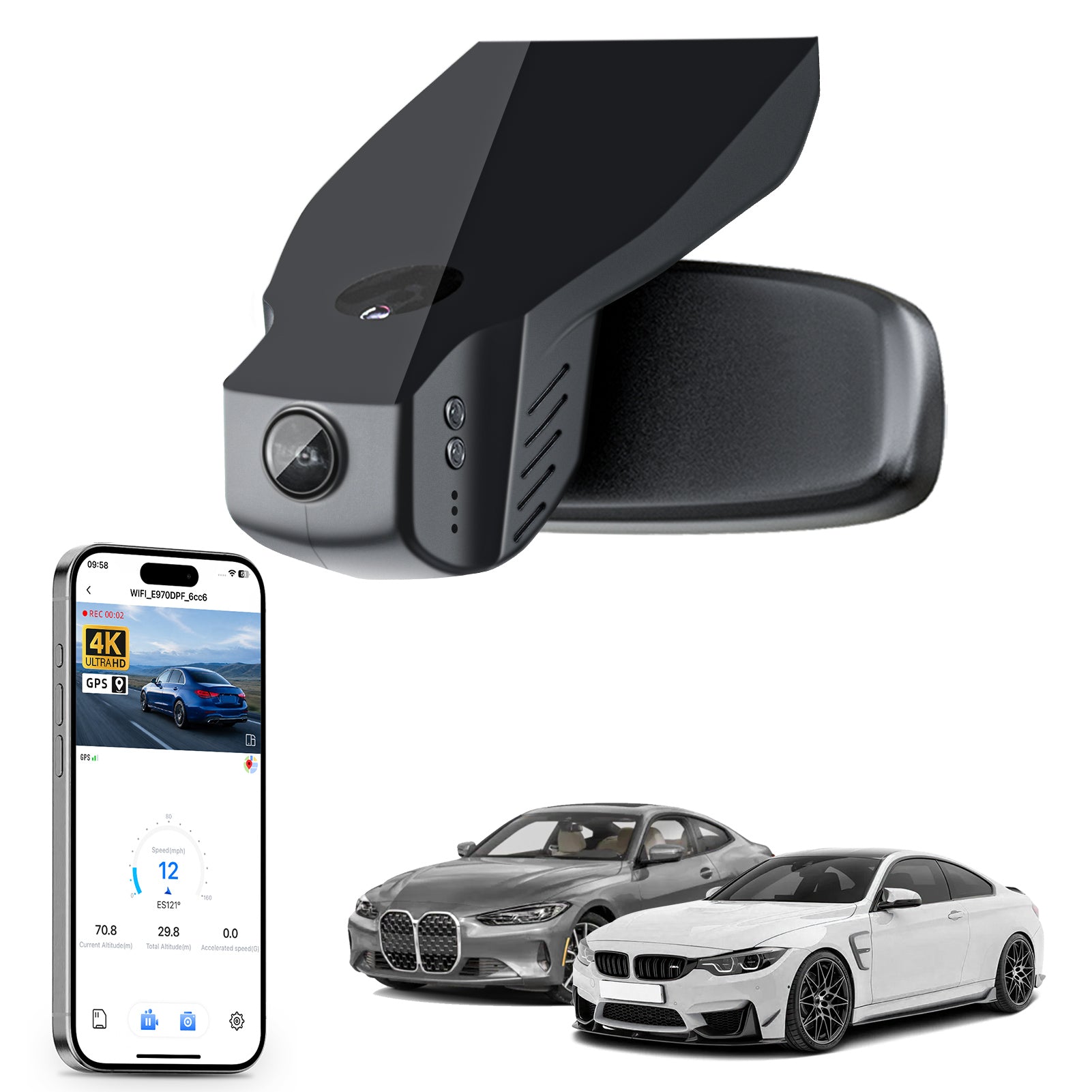 Car rearview mirror built-in dash cam with smartphone app control, 4K Ultra HD recording, GPS tracking, and BMW 4 Series Gen1 models in the background.