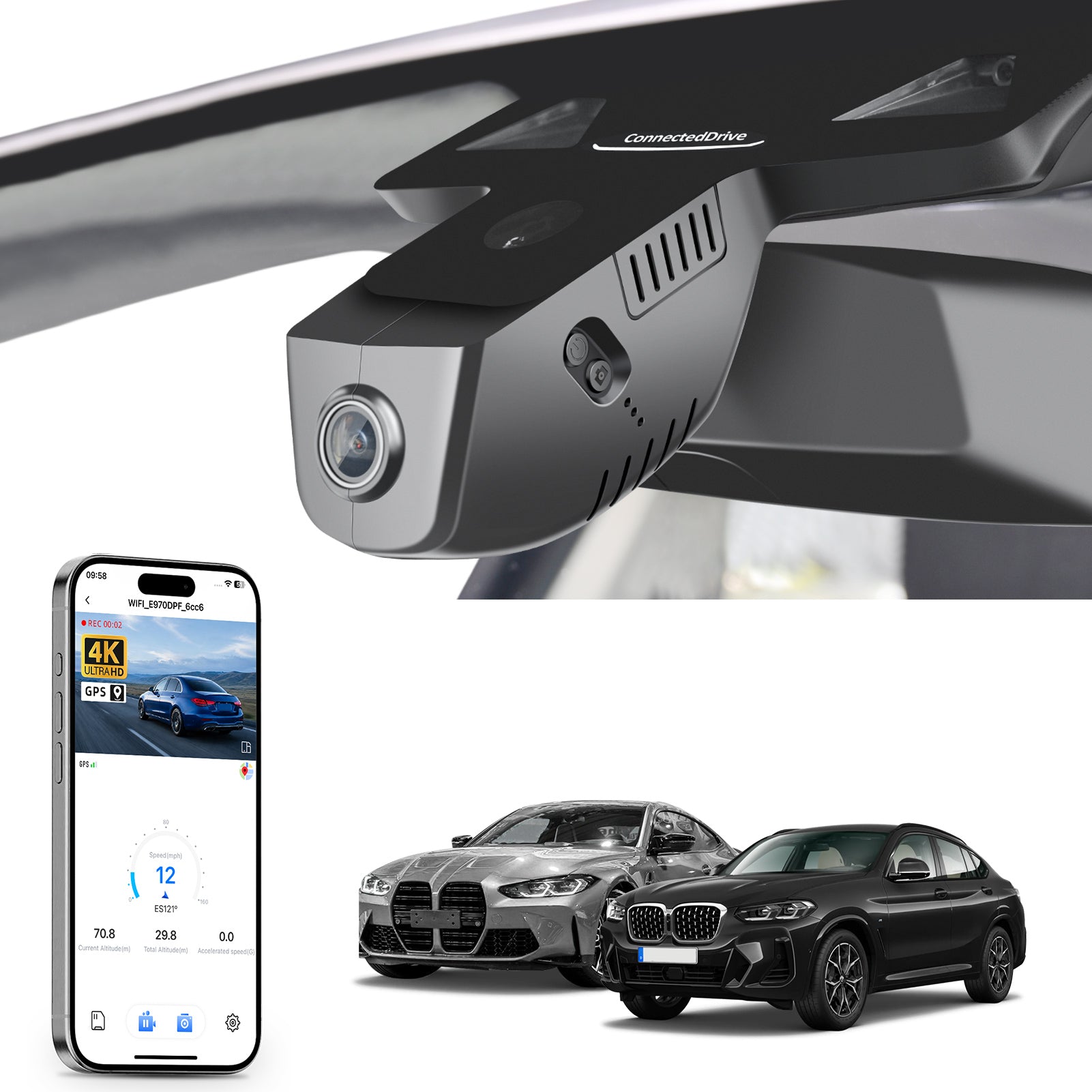 Car rearview mirror built-in dash cam with smartphone app control, 4K Ultra HD recording, GPS tracking, and BMW 4 Series Gen2 models in the background.