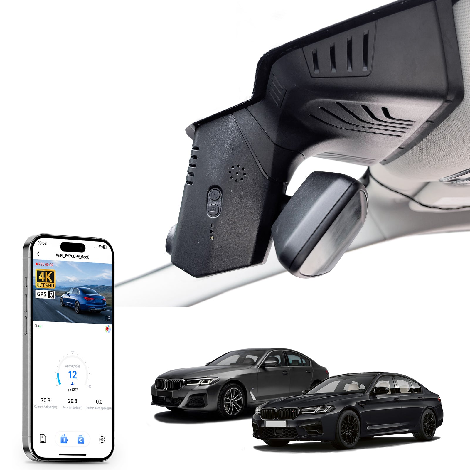 Car rearview mirror built-in dash cam with smartphone app control, 4K Ultra HD recording, GPS tracking, and BMW 5 Series Gen7 models in the background.