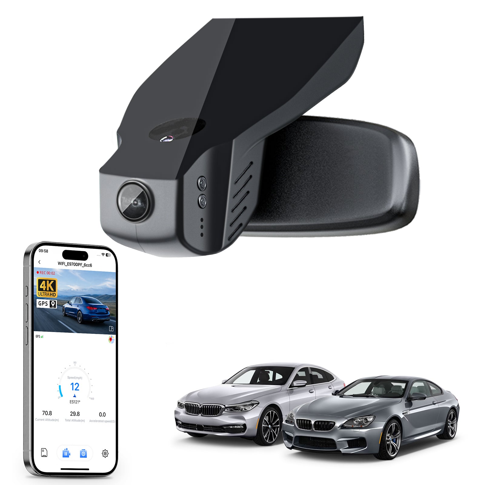 Car rearview mirror built-in dash cam with smartphone app control, 4K Ultra HD recording, GPS tracking, and BMW 6 Series Gen3 models in the background.